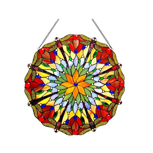 24" Round Stained Glass Dragonfly Window Hanging Panel Suncatcher