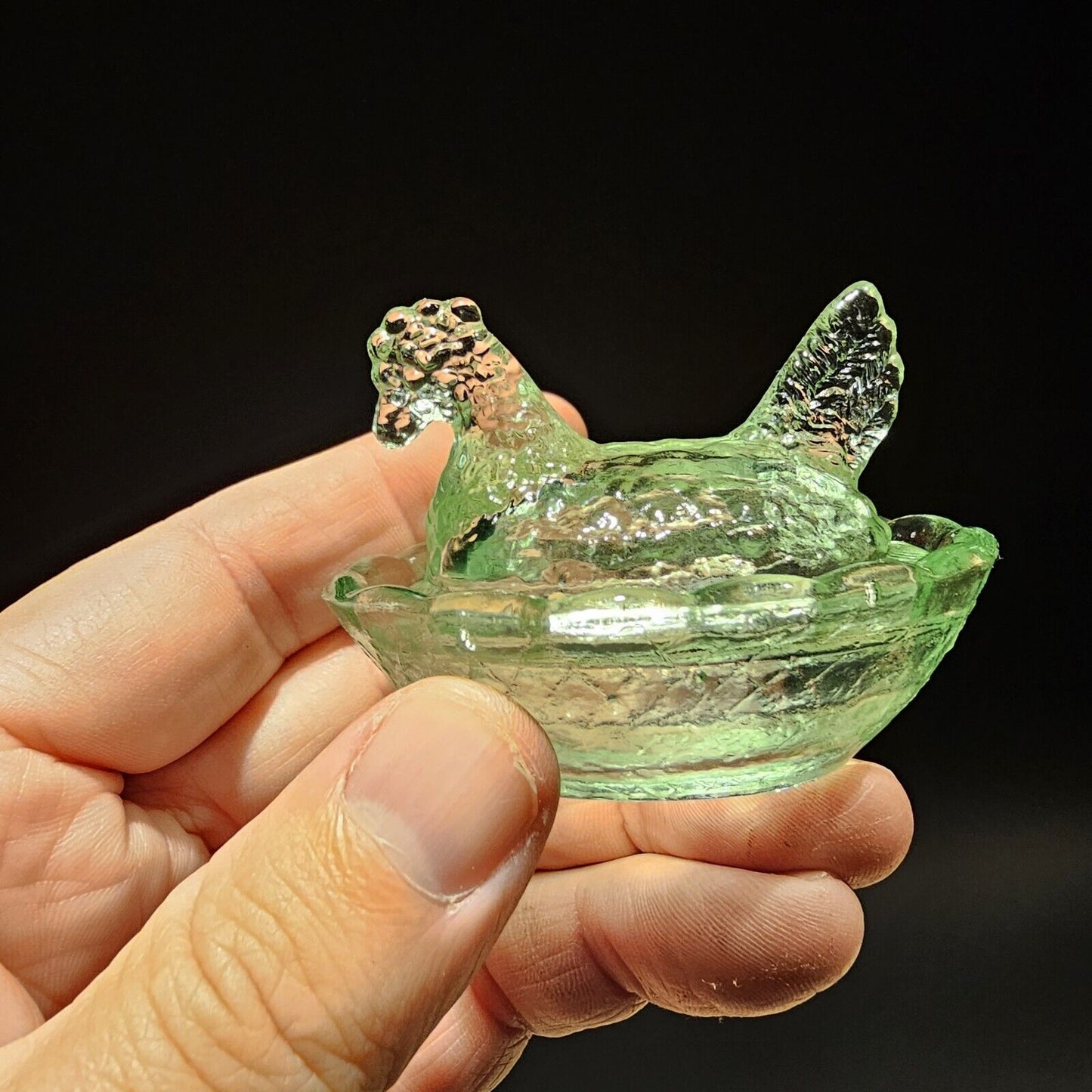 Antique Vintage Style Miniature Green Depression Glass Chicken Hen On Nest Dish