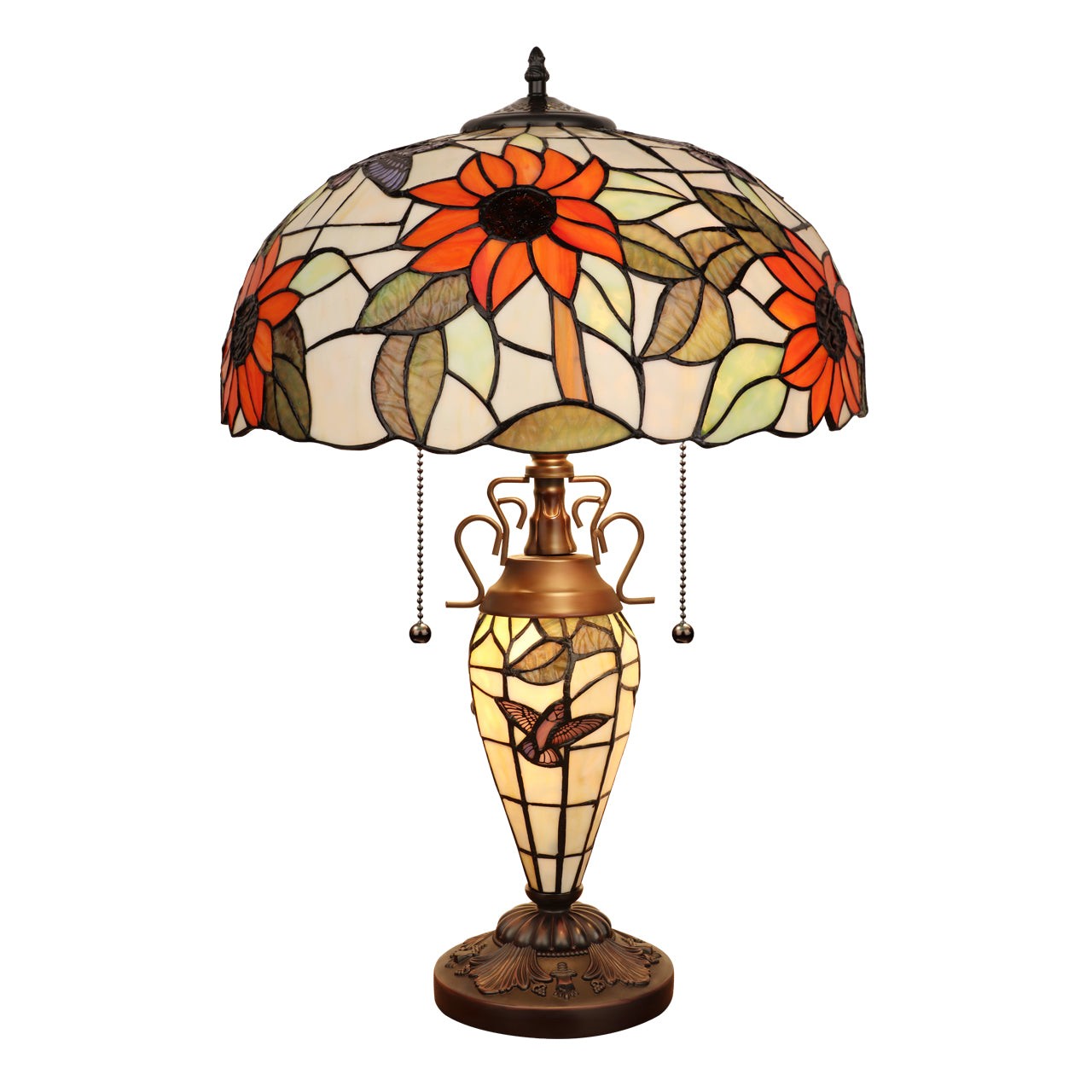 24.21" Antique Vintage Style Stained Glass Sunflower Lighted Base Table Lamp