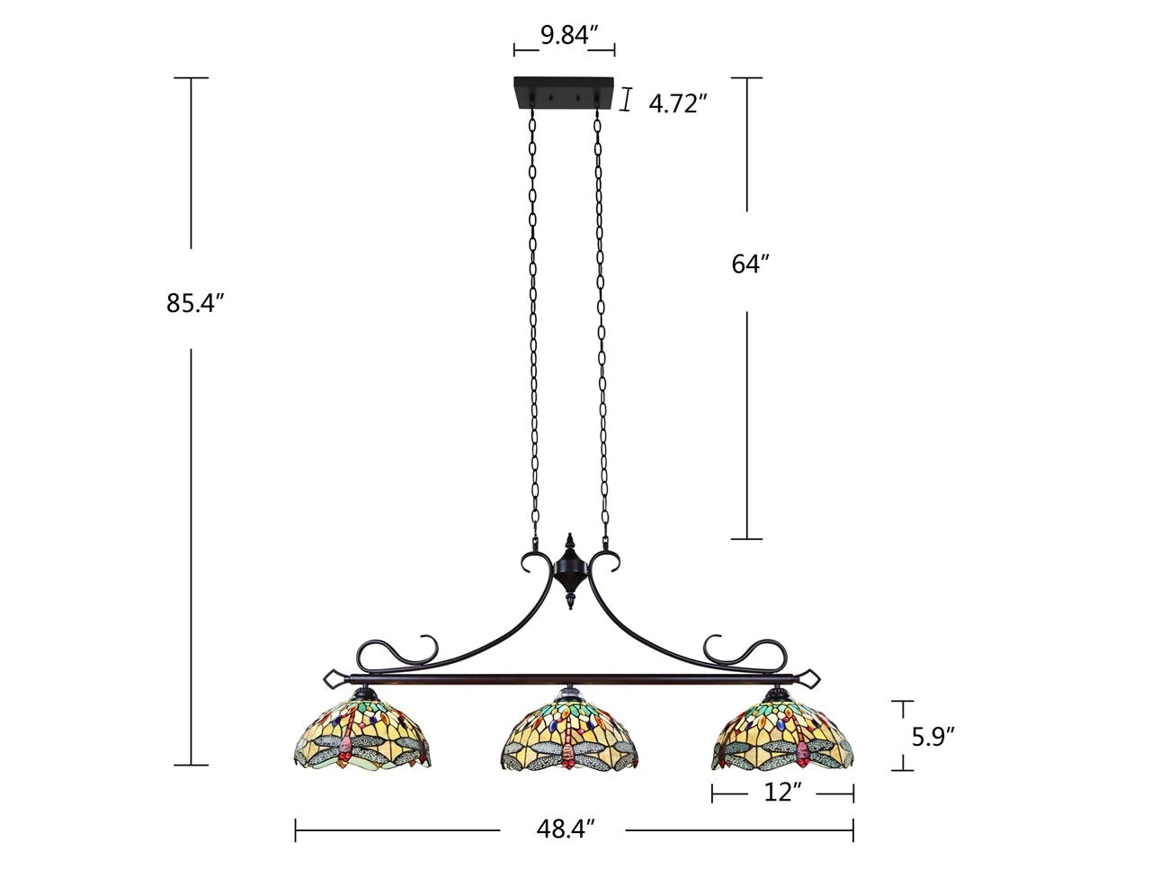 48" Stained Glass 3 light Dragonfly Island Billiard Pendant Light