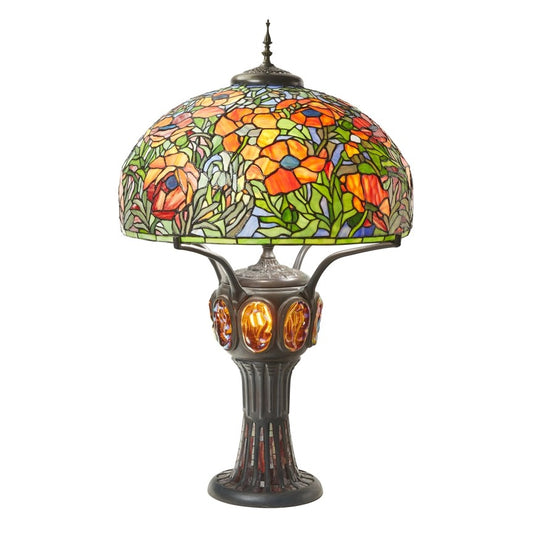 36"H Pink Poppies Tiffany-Style Stained Glass Table Lamp