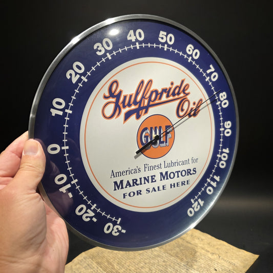 12" Antique Vintage Style Round Gulf Oil Wall Thermometer Sign