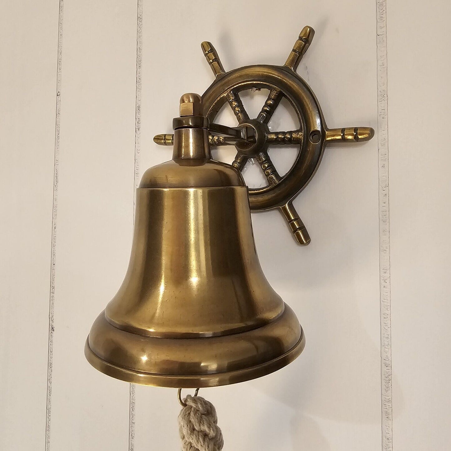 Antique Vintage Style Brass Aluminum Ships Wheel Wall Mount Bar Bell