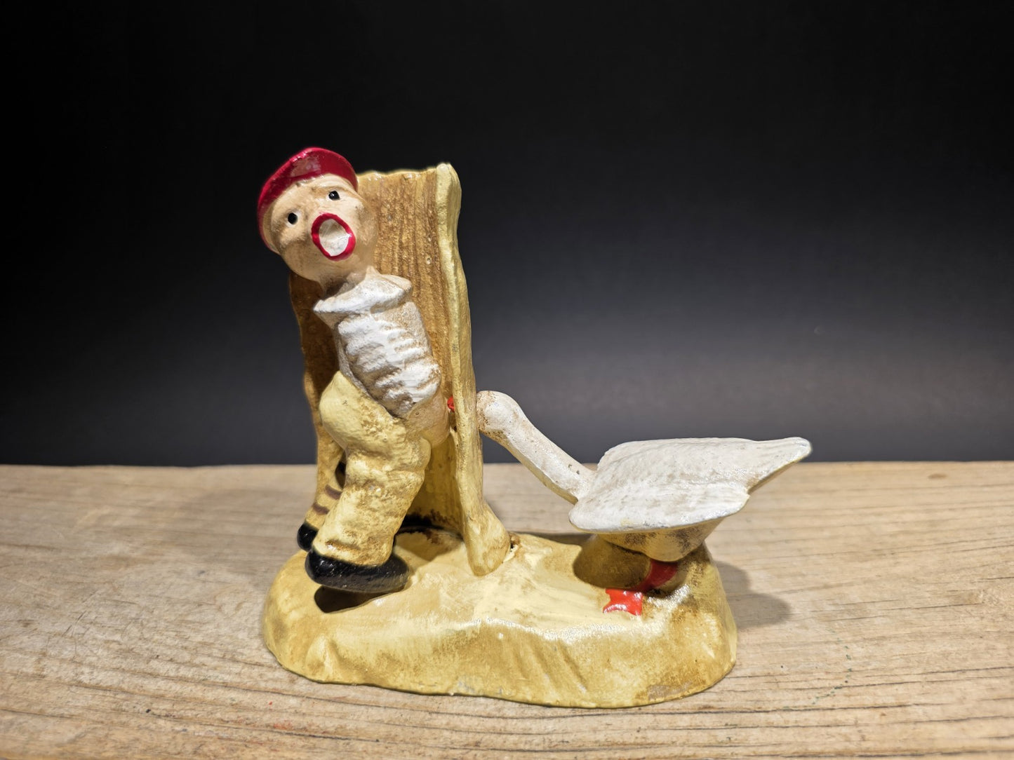 5" Painted Cast Iron Americana Charming Boy Urinating + Goose Figure