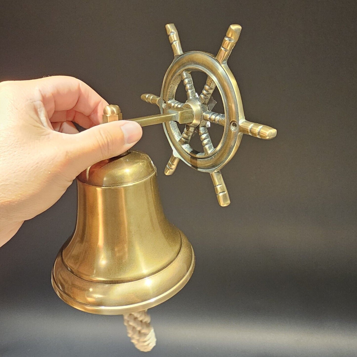 Antique Vintage Style Brass Aluminum Ships Wheel Wall Mount Bar Bell