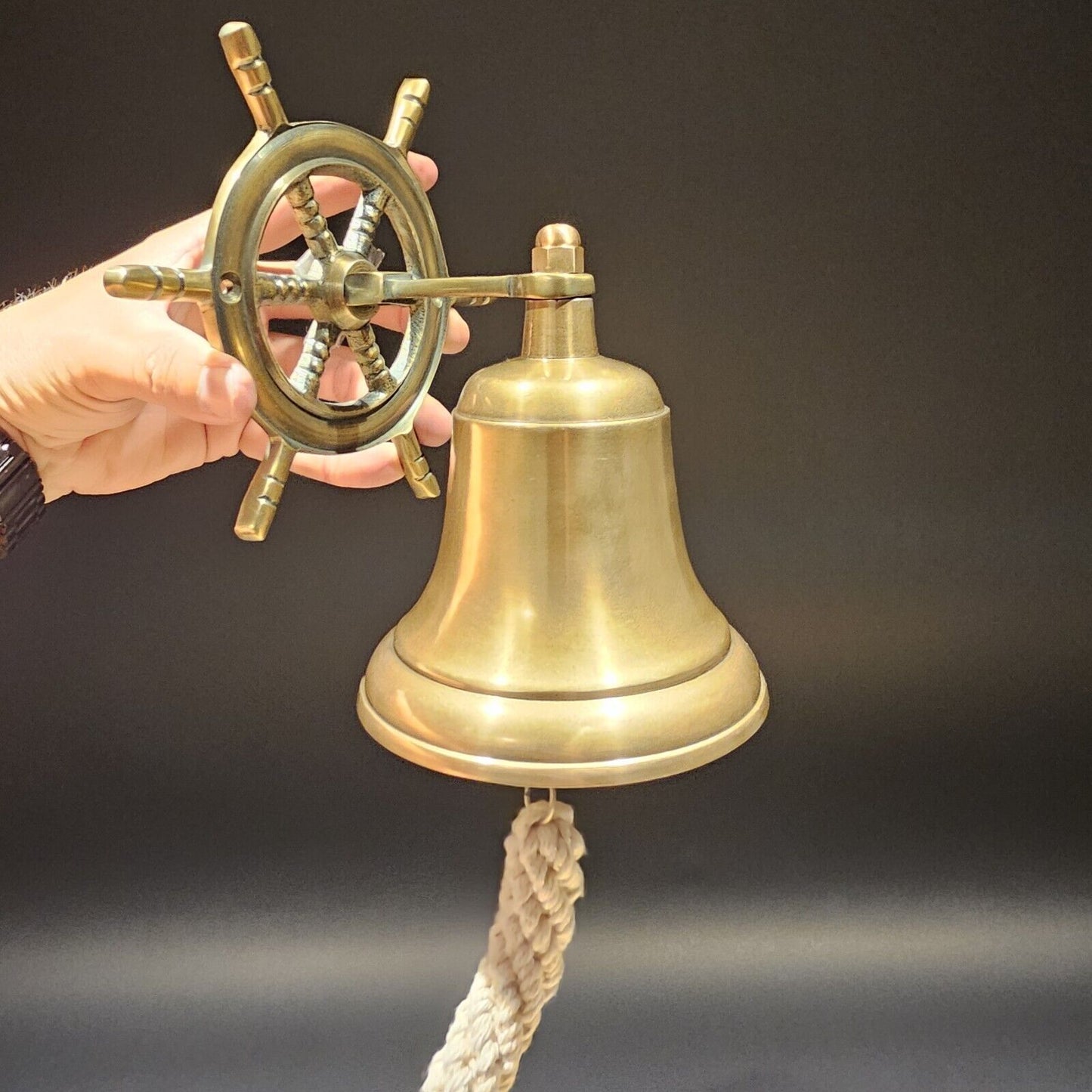 Antique Vintage Style Brass Aluminum Ships Wheel Wall Mount Bar Bell
