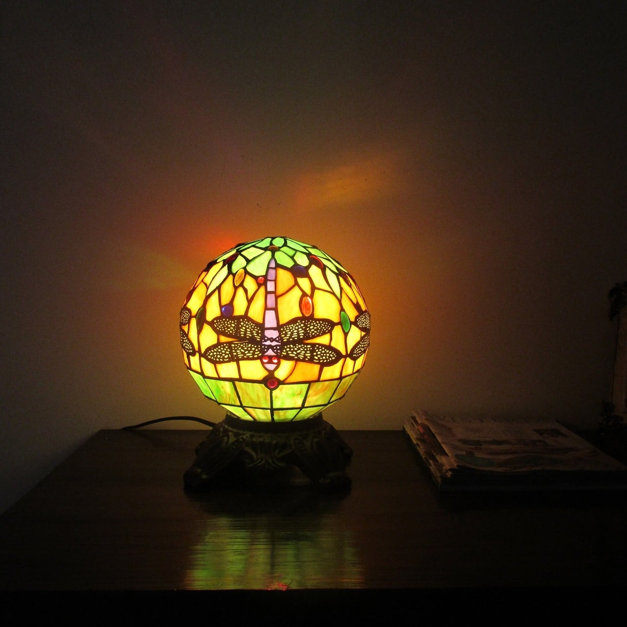 10" Antique Vintage Style Stained Glass Dragonfly Accent Table Lamp
