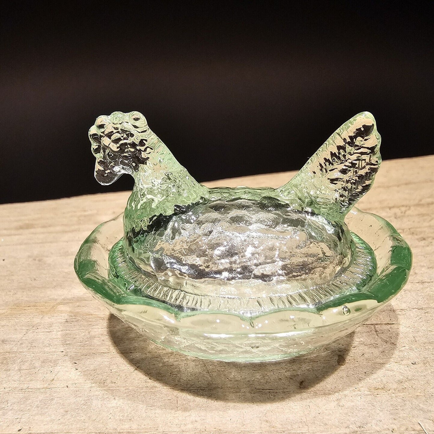 Antique Vintage Style Miniature Green Depression Glass Chicken Hen On Nest Dish