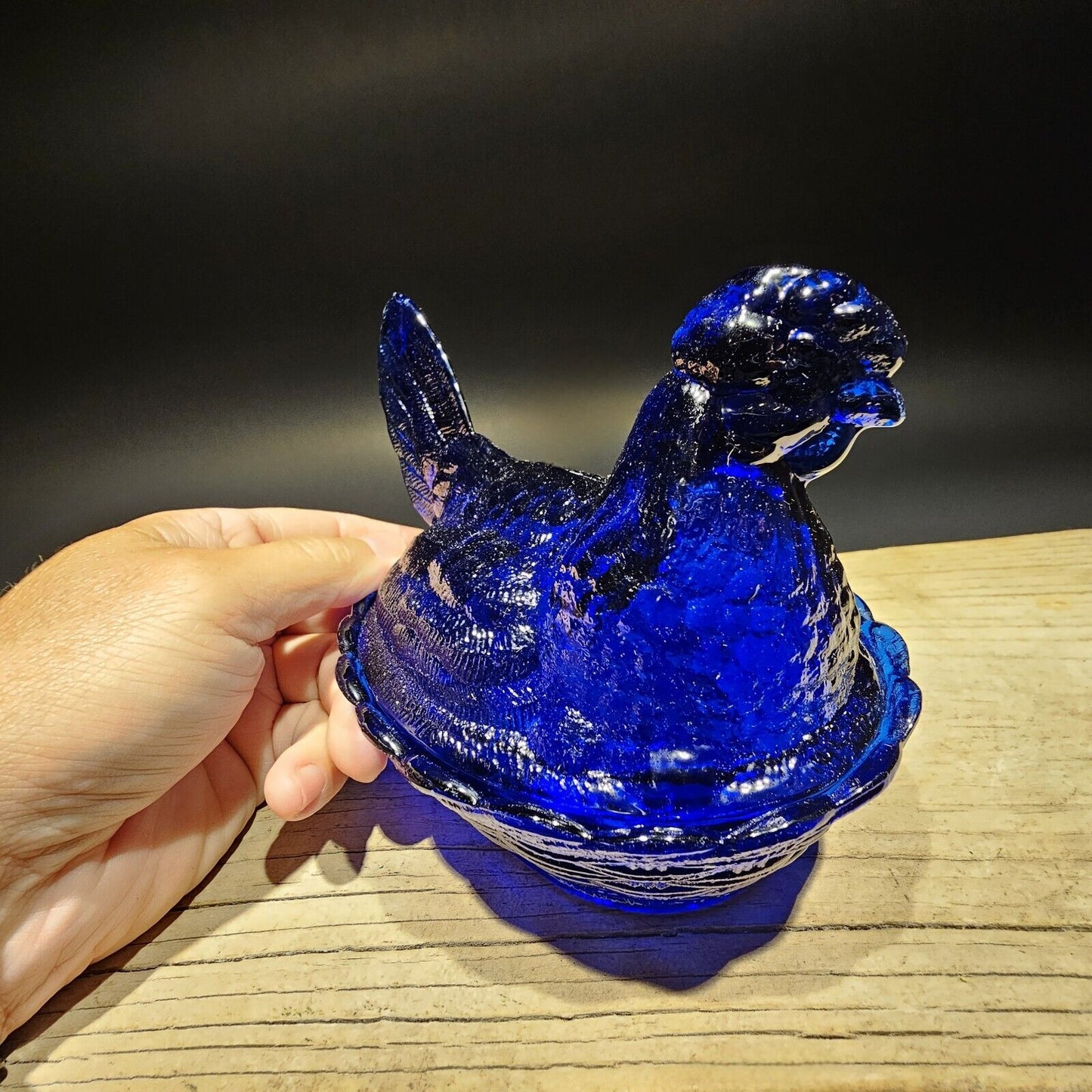Antique Vintage Style Cobalt Blue Depression Glass Chicken Hen On Nest Dish