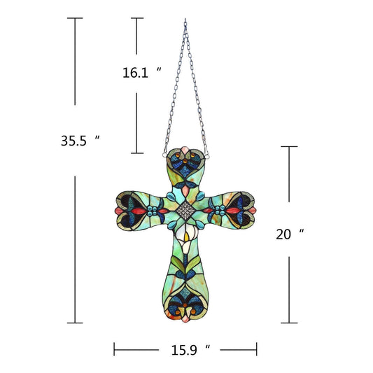20" Antique Vintage Style Stained Glass Cross Window Hanging Panel Suncatcher