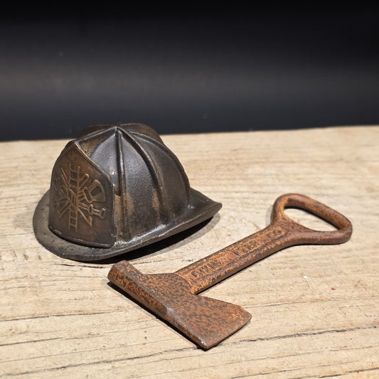 Mini Cast Iron Fireman Helmet, Dixie Beer Fire Axe Bottle Opener Lot