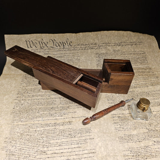 Antique Style Wood Slide Lid Swing Open Writing Box Inkwell w Dip Pen