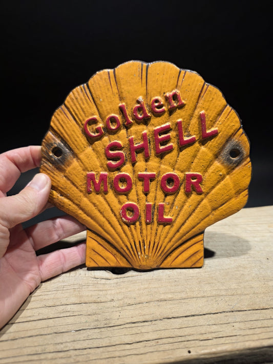 7" Vintage Style Cast Iron Golden Shell Oil Sign Plaque