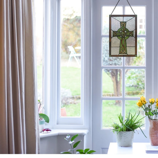 18"H Celtic Cross Stained Glass Window Panel