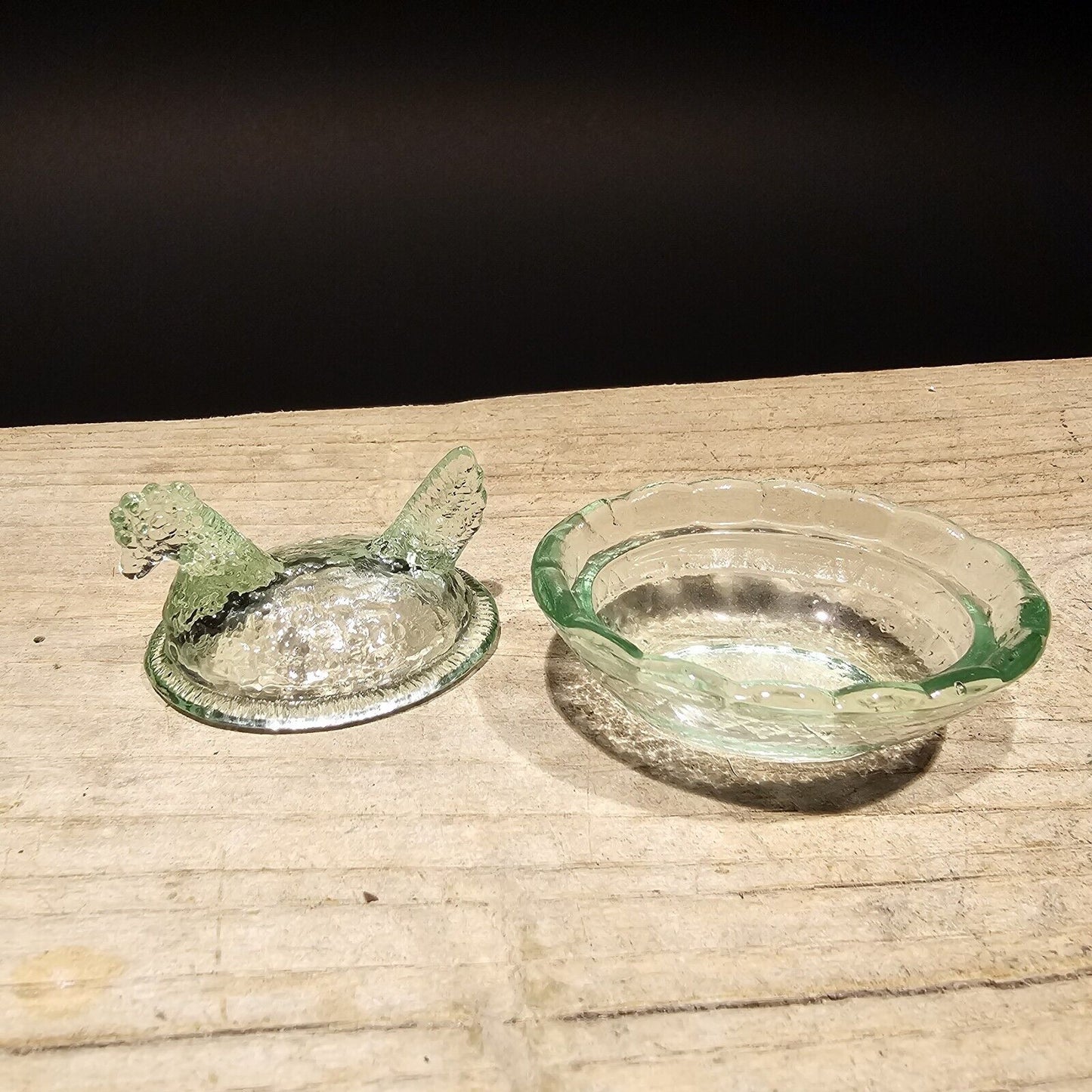 Antique Vintage Style Miniature Green Depression Glass Chicken Hen On Nest Dish