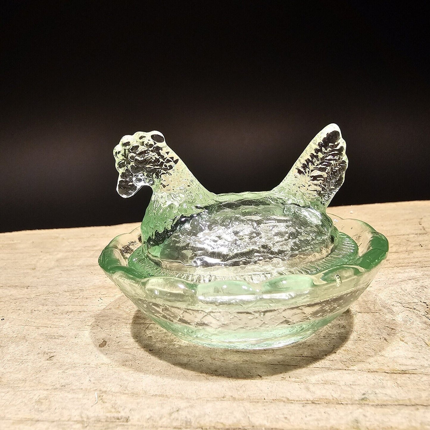 Antique Vintage Style Miniature Green Depression Glass Chicken Hen On Nest Dish