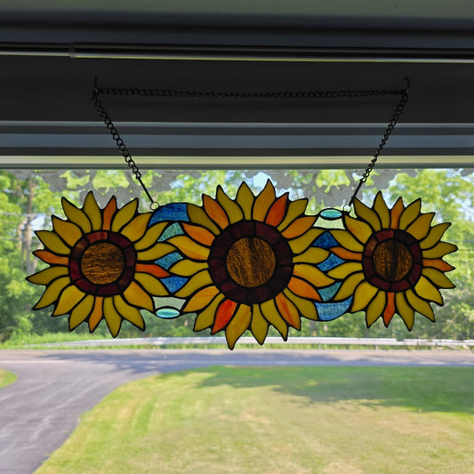 22" Stained Glass Sunflower Window Panel – 3 Flower Suncatcher