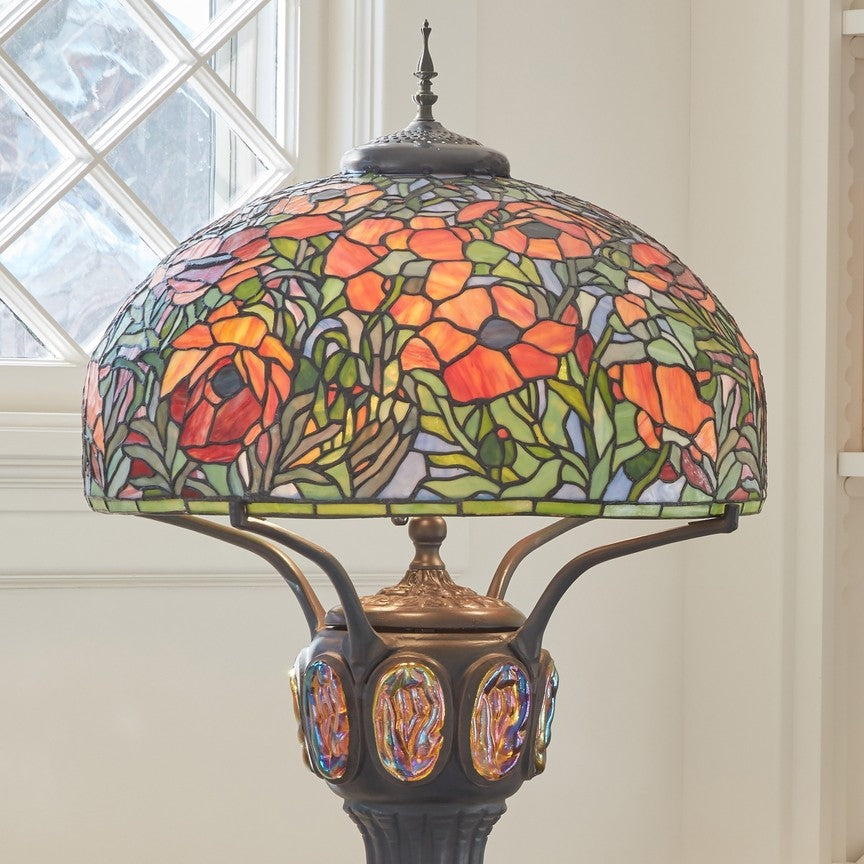 36"H Pink Poppies Tiffany-Style Stained Glass Table Lamp