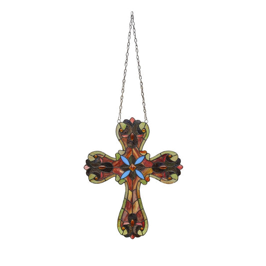 20" Antique Vintage Style Stained Glass Cross Window Hanging Panel Suncatcher