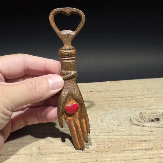 5 1/2" Cast Iron Heart in Hand Odd Fellows Bottle Opener