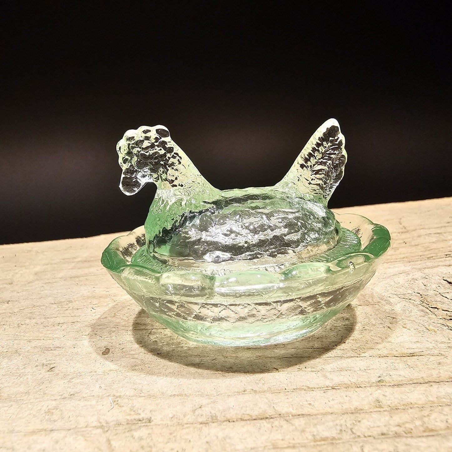 Antique Vintage Style Miniature Green Depression Glass Chicken Hen On Nest Dish