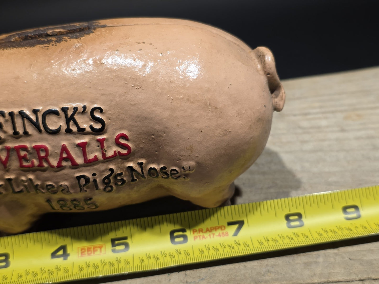 8" Antique Style Cast Iron Advertising Americana Finck’s Overalls Coin Bank