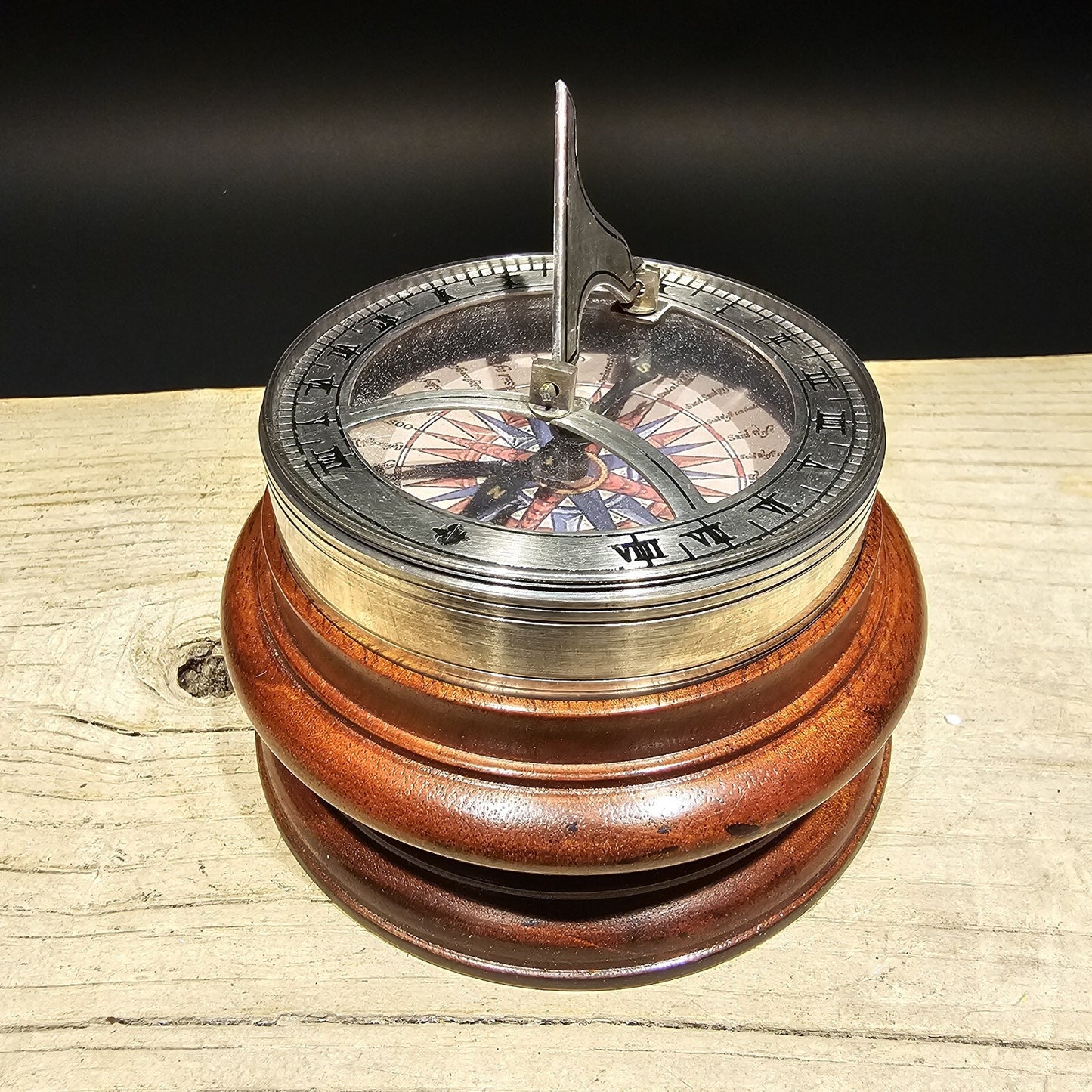 Antique Style Turned Mahagony Wood and Silver Plated Bronze Sundial Compass