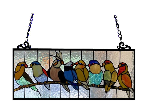 10.5" x 25.5" Colorful Birds Stained Glass Window Panel