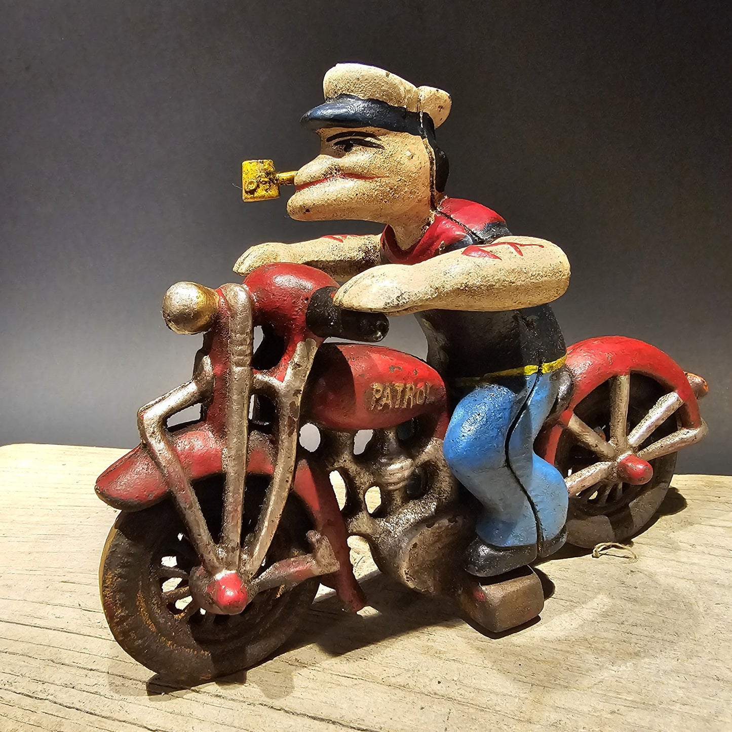 8" Antique Vintage Style Cast Iron Saylor on Patrol Motorcycle