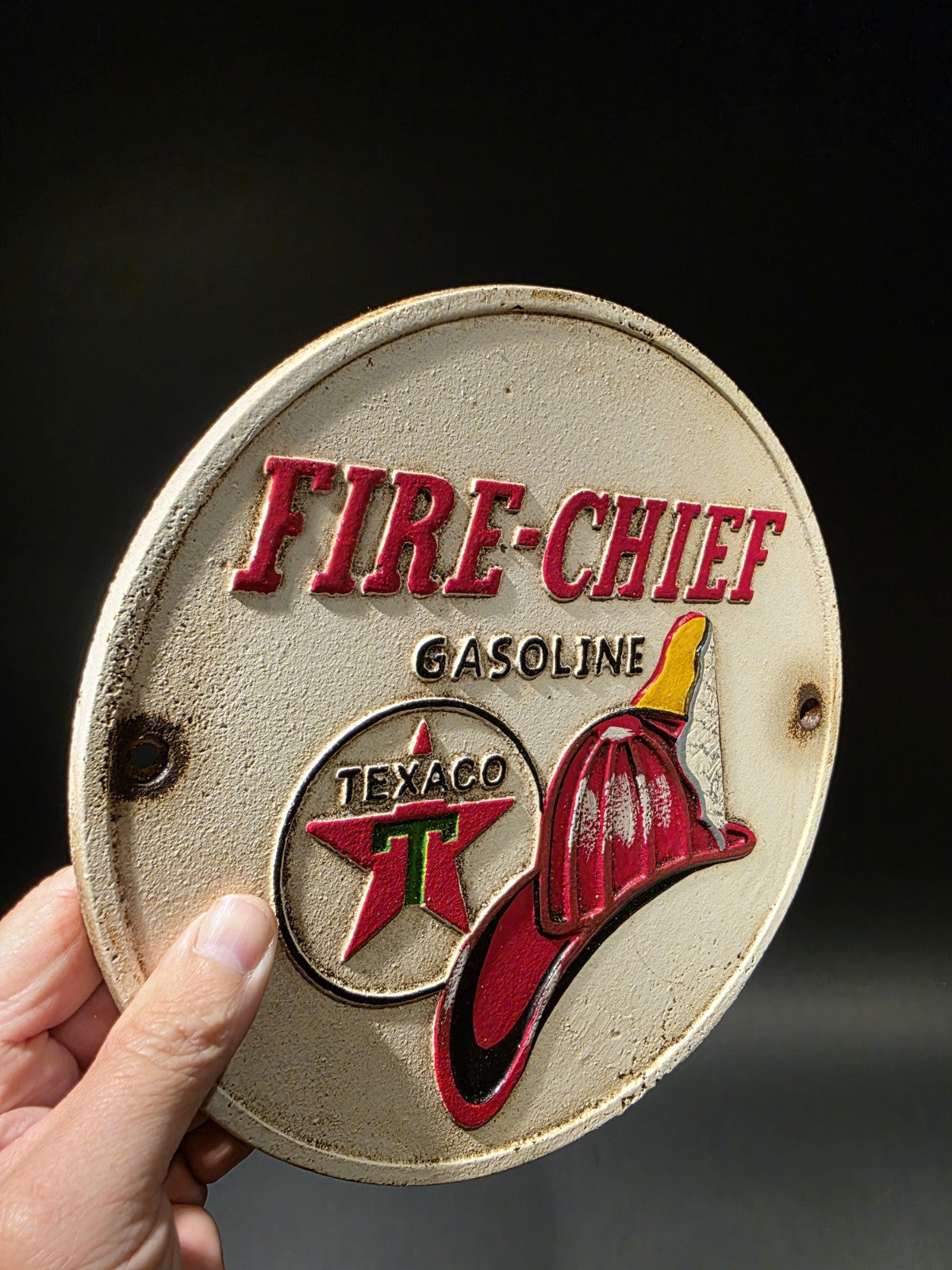 Antique Vintage Style Cast Iron Round Texaco Fire Chief Gas Oil Sign Plaque