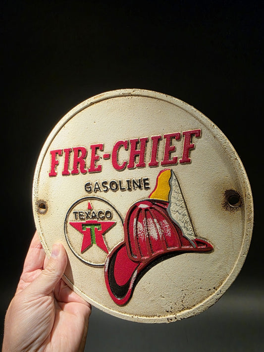 Antique Vintage Style Cast Iron Round Texaco Fire Chief Gas Oil Sign Plaque