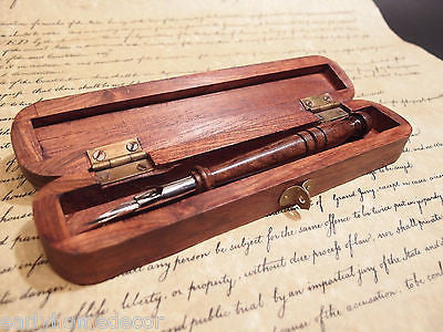 Vintage Antique Style Turned Wood Inkwell Ink Dip Quill Desk Writing Pen w Box - Early Home Decor