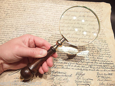 5x Vintage Antique Style Magnifying Glass Brass Turned Wood Hand Lens - Early Home Decor