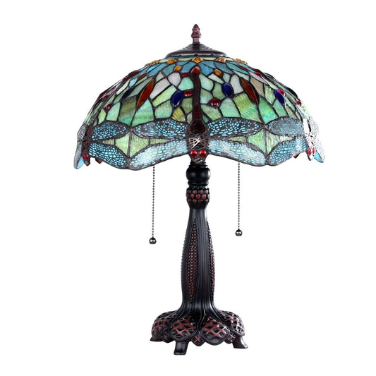 21" Antique Vintage Style Stained Glass Dragonfly Table Lamp