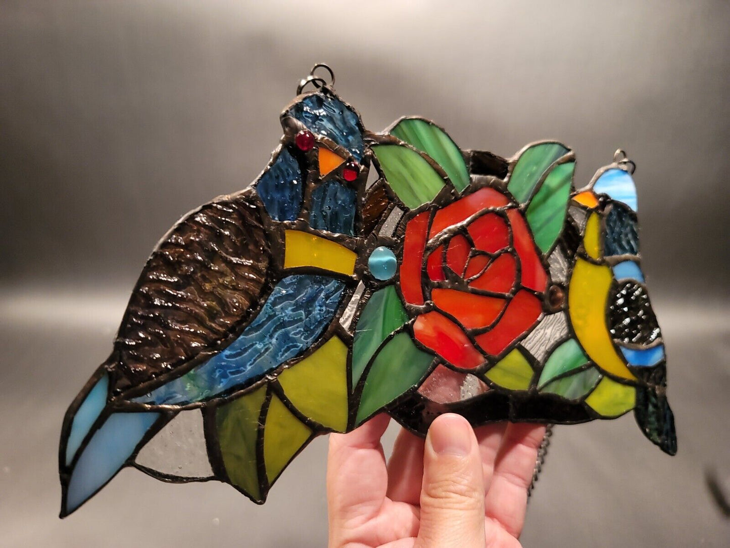 Antique Vintage Style Bird Rose Stained Glass Window Hanging Panel Suncatcher