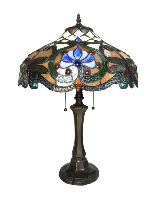 23" Antique Vintage Style Stained Glass Amber Dragonfly Table Lamp