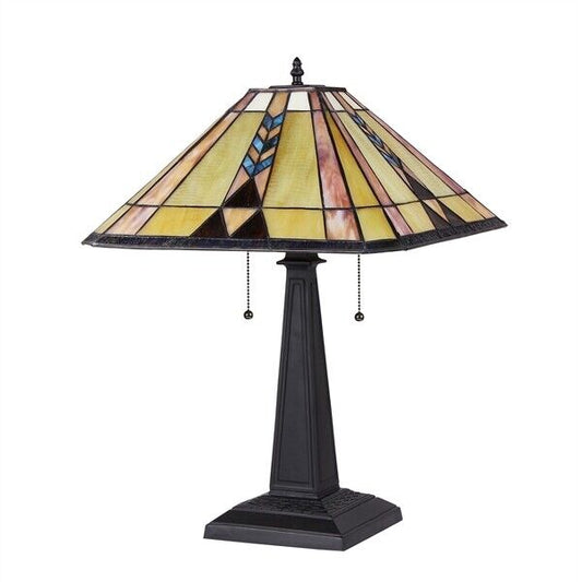 22.5" 2 Light Pull Chain Stained Glass Mission Table Lamp