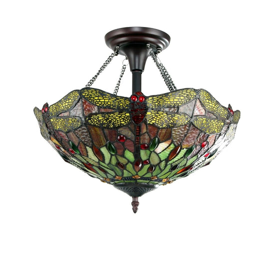 16" Dragonfly Stained Glass Semi Flush Ceiling Uplight