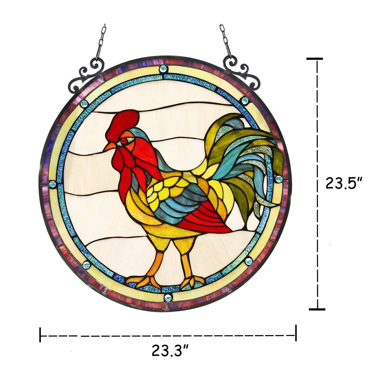 23.5" Round Rooster Stained Glass Window Hanging Panel Suncatcher