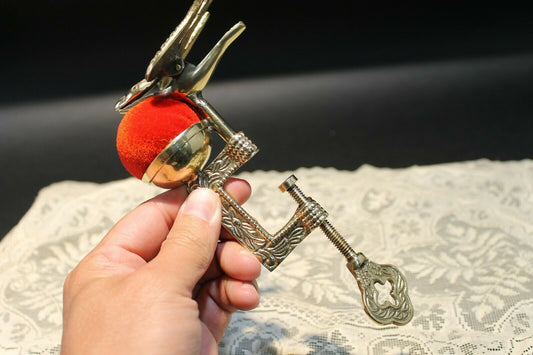 Antique Style Ornate Brass Sewing Clamp Pin Cushion w Bird Clip - Early Home Decor