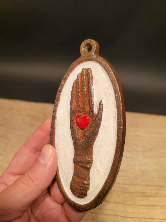 Vintage Antique Style Cast Iron Heart in Hand Odd Fellows Plaque Sign