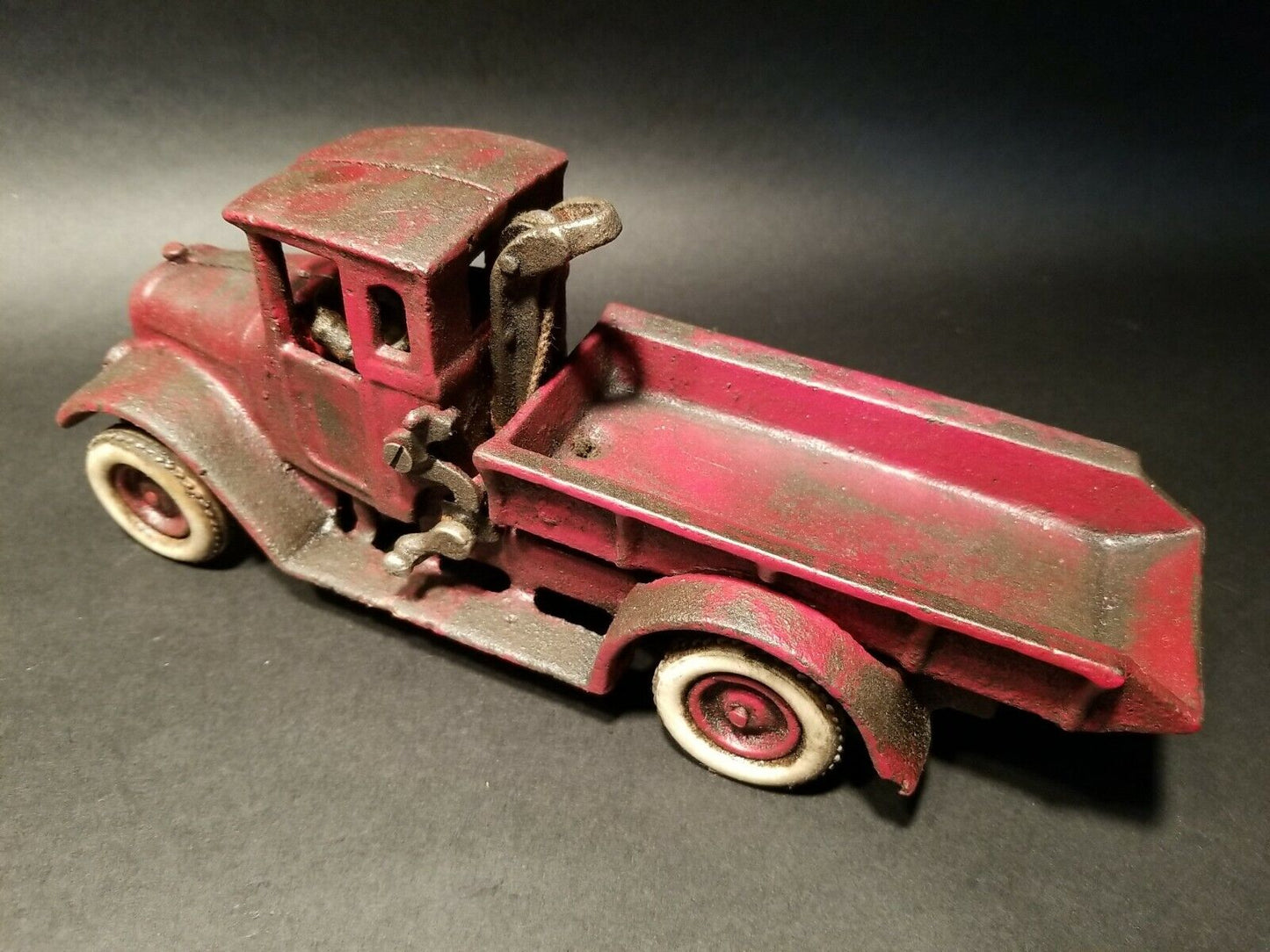 Antique Vintage Style Cast Iron Red Dump Truck Flat bed Car Rubber Wheels