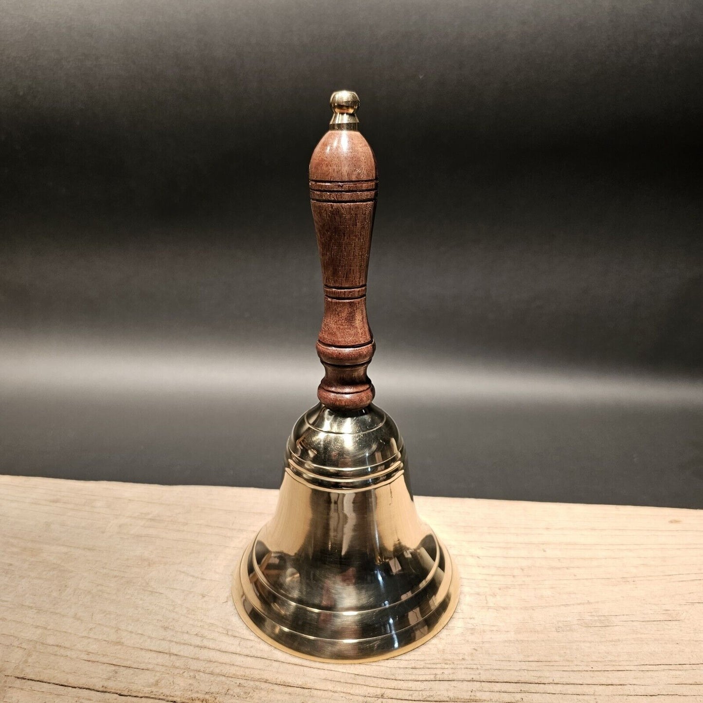 9" Antique Vintage Style Brass Teachers Desk Bell Wood Handle