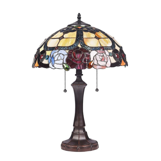 22" Antique Vintage Style Floral Rose Stained Glass Table Lamp