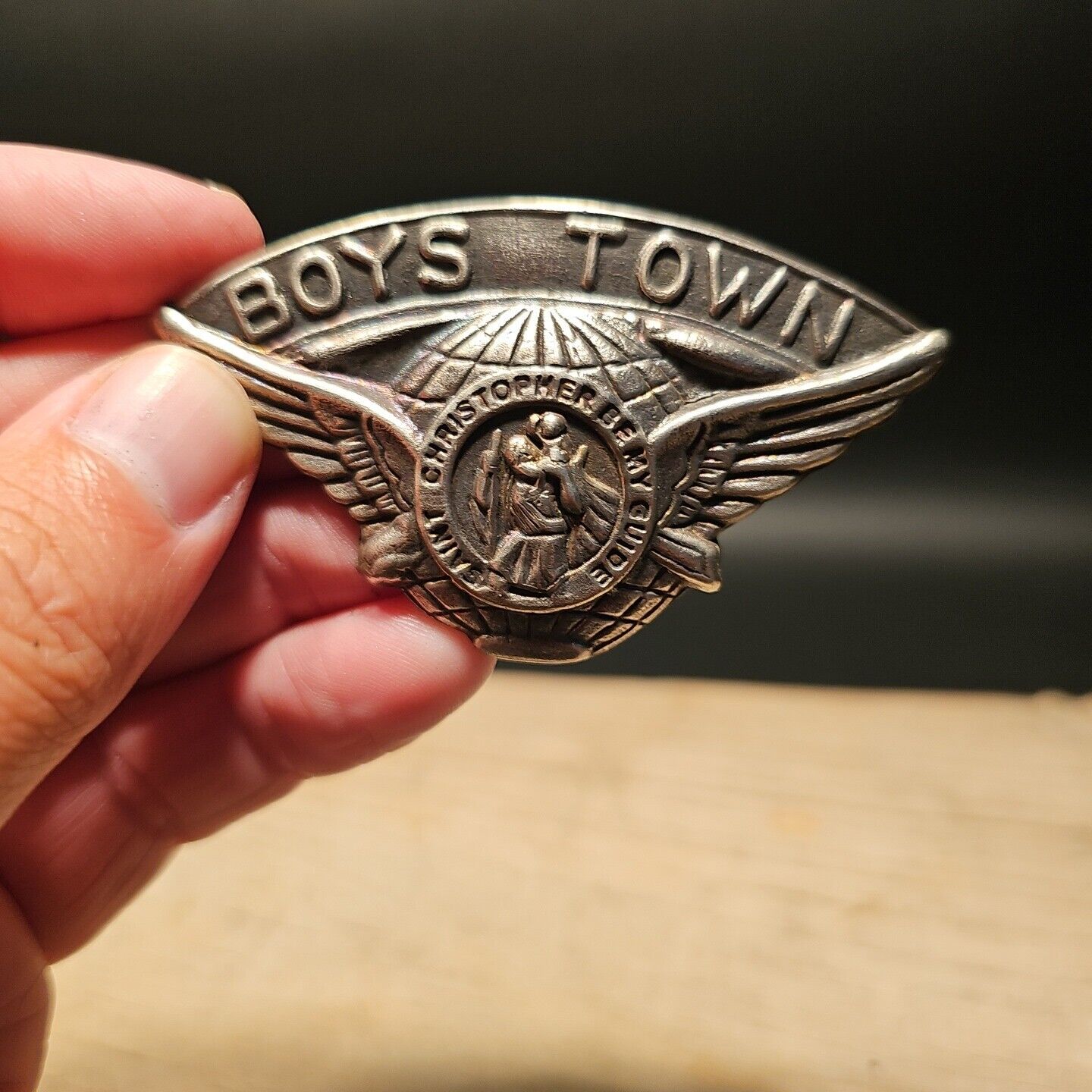 Antique Vintage Style Aluminum St. Christopher Patron of Safe Travel Visor Clip