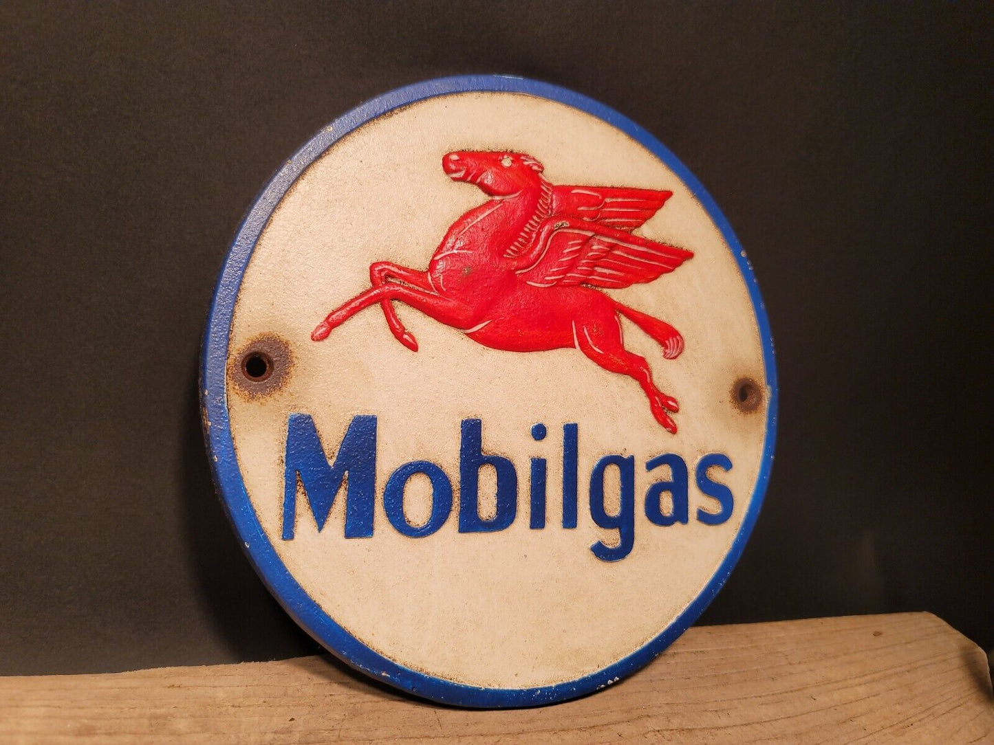 Antique Vintage Style Cast Iron Round Mobile Gas Oil Sign Plaque