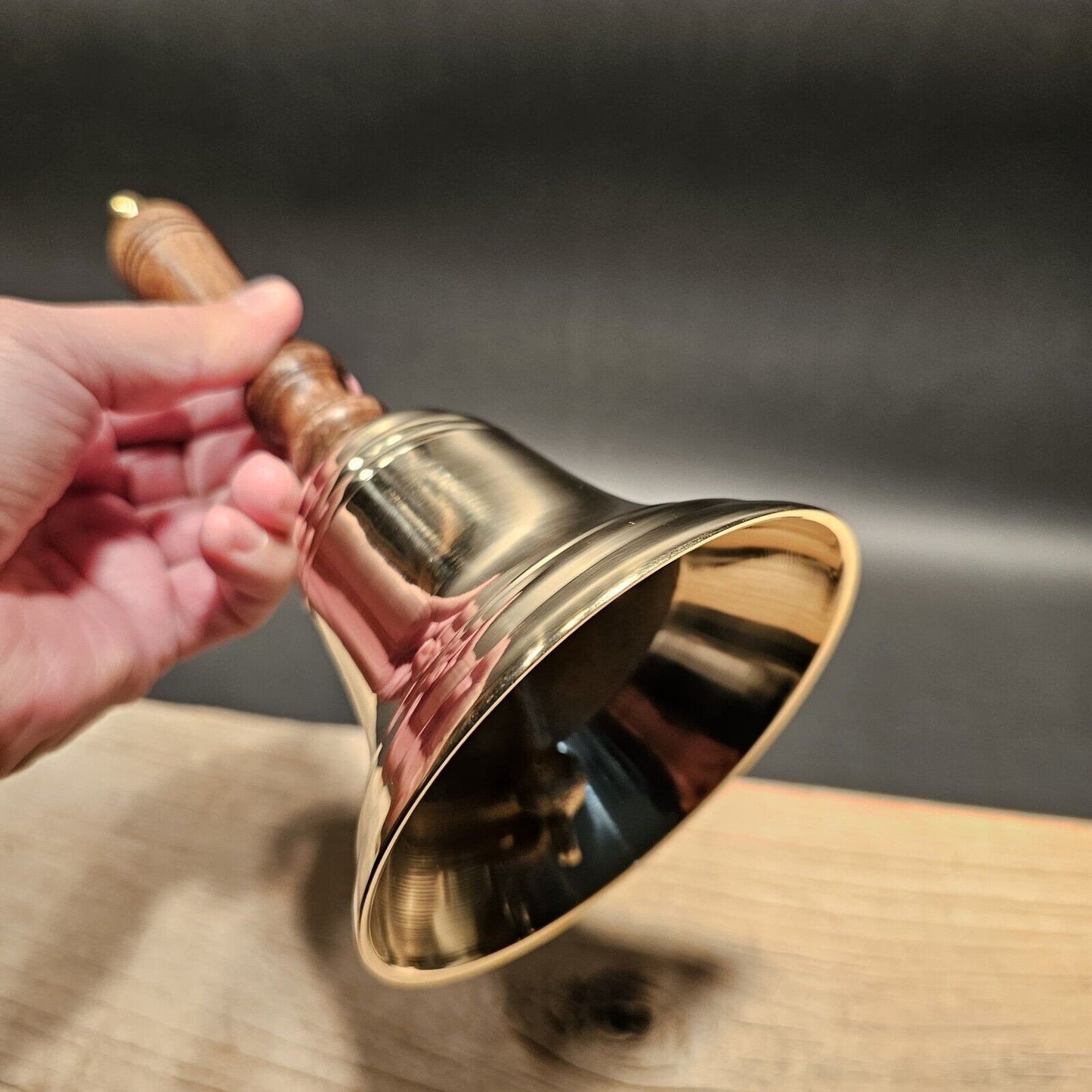 9" Antique Vintage Style Brass Teachers Desk Bell Wood Handle