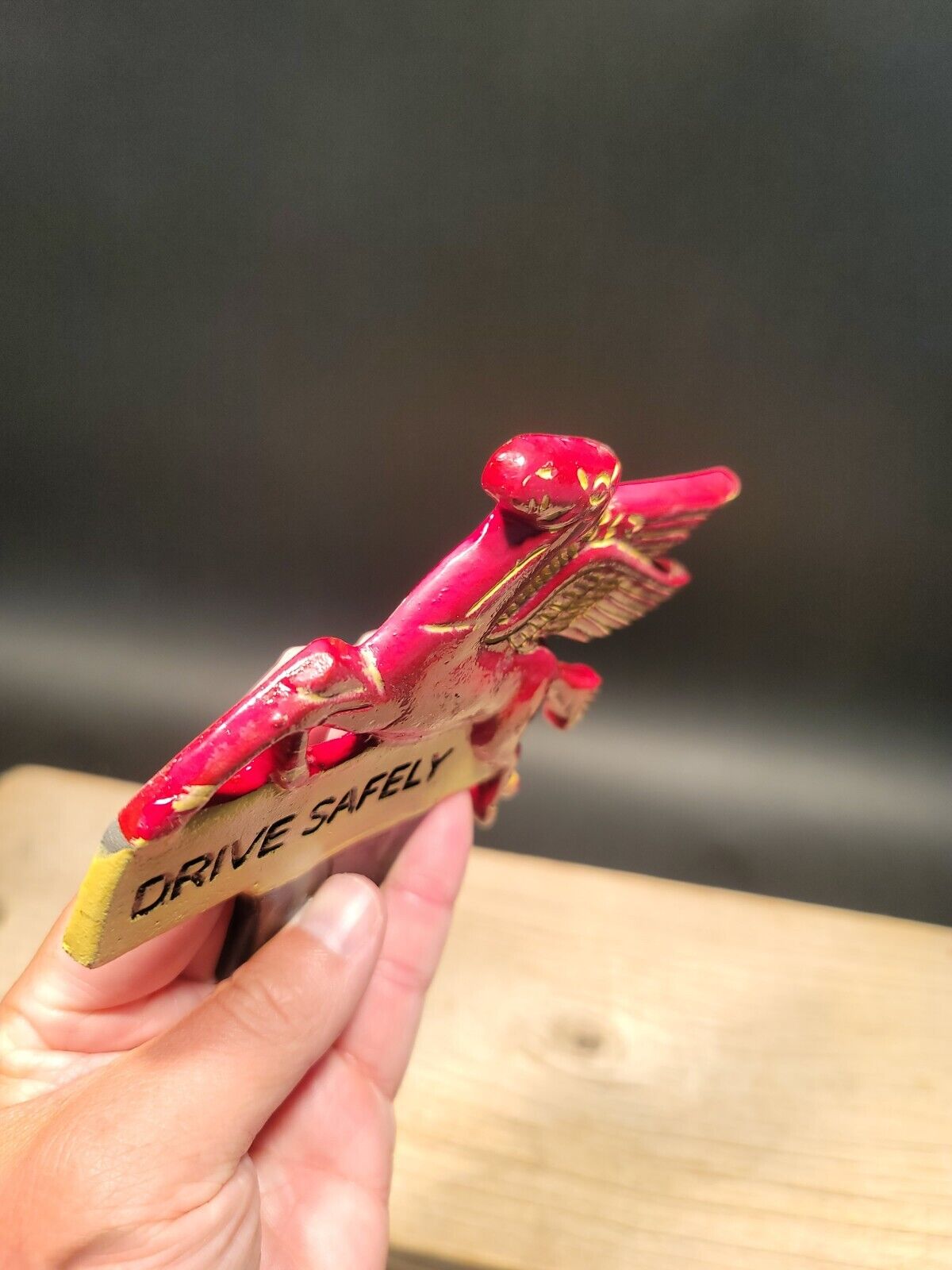 Antique Vintage Style Aluminum Pegasus Drive Safely License Plate Fob Topper