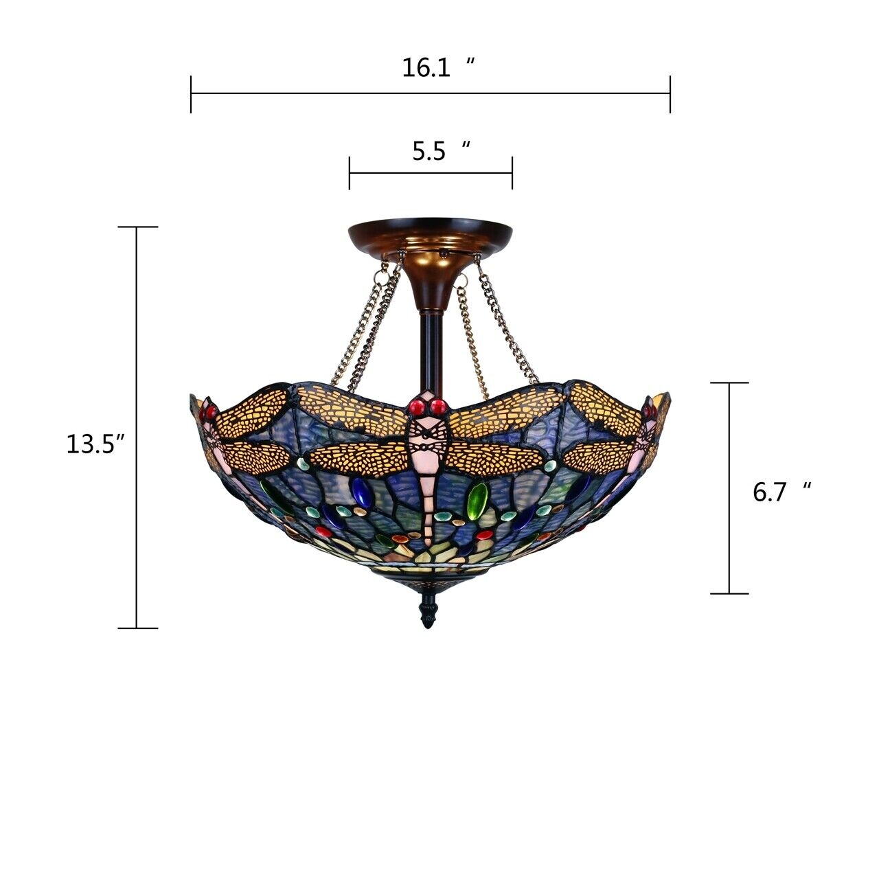 16" Dragonfly Stained Glass Semi Flush Ceiling Uplight