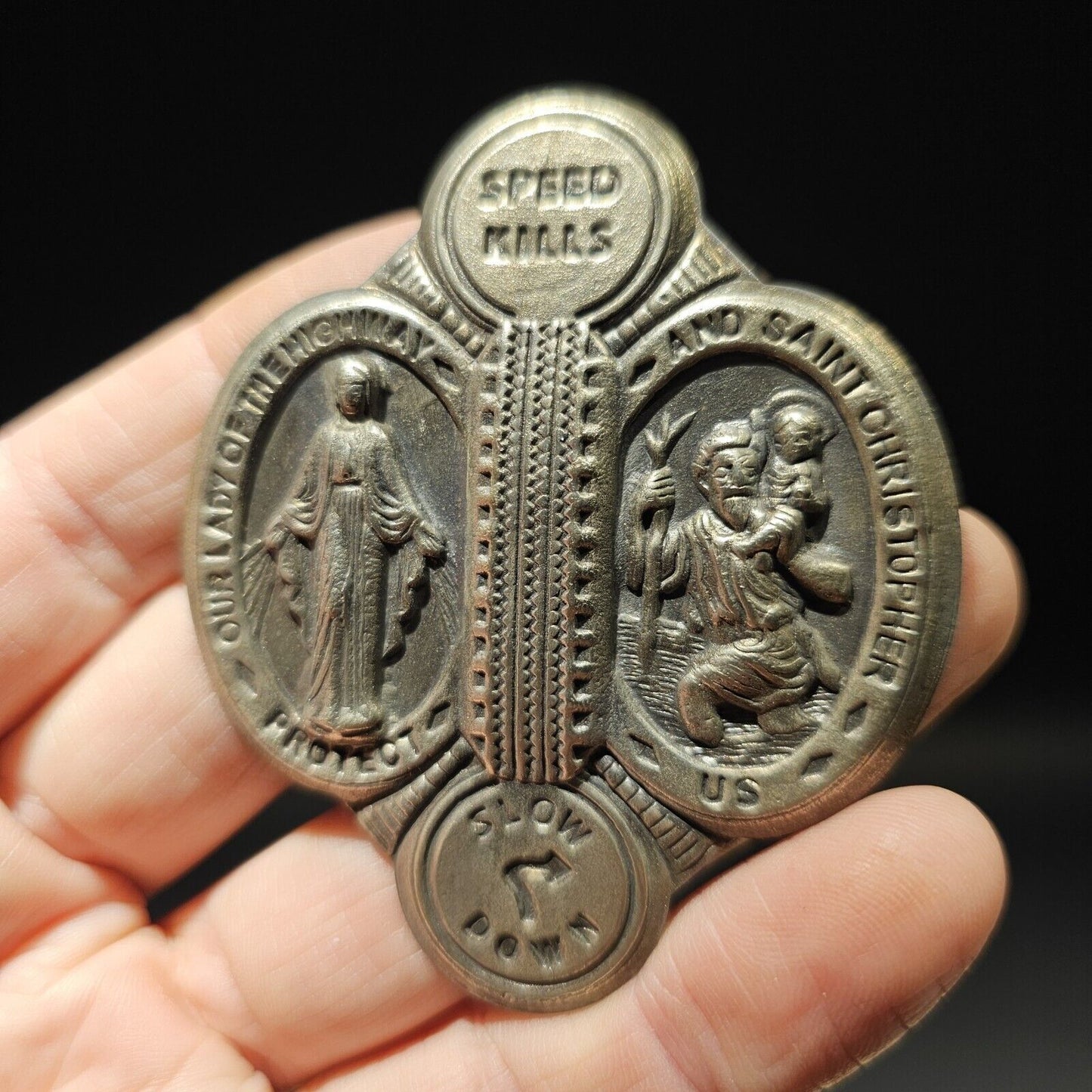 Antique Vintage Style Aluminum St. Christopher Patron of Safe Travel Visor Clip